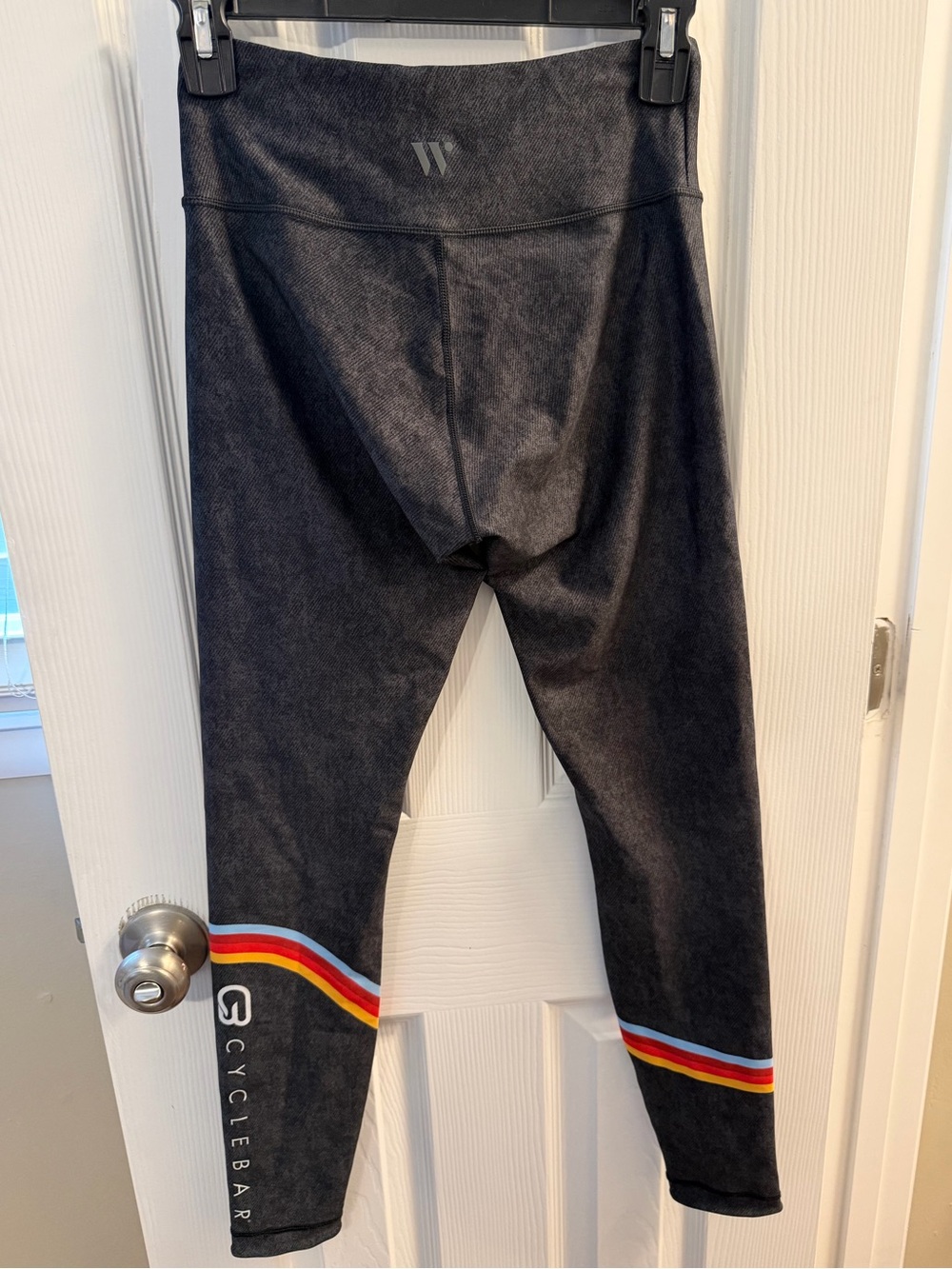 Cyclebar gray leggings with color swirl, size M (no tag), worn once.